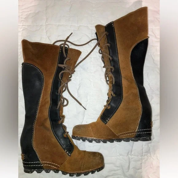 Sorel Cate the Great leather suede tall lace up boots shoes 6.5 6 1/2 fur lined